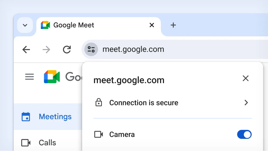 Chrome address bar with Tune icon selected and expanded to show site settings options for meet.google.com